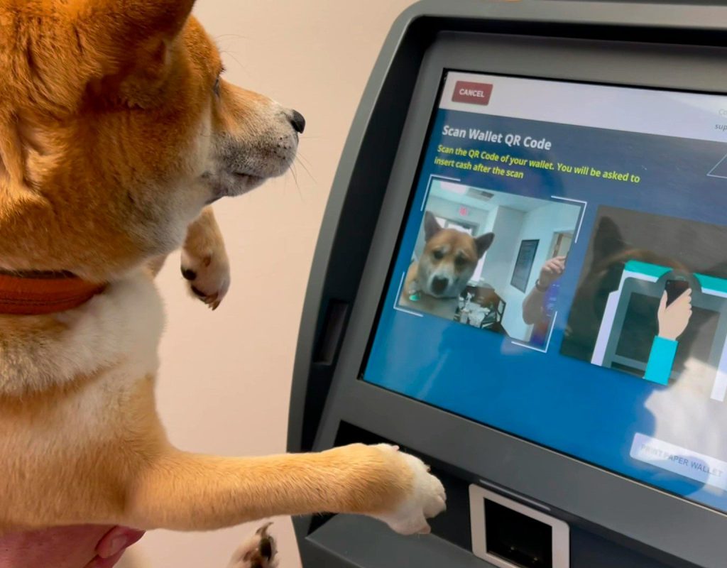 a person holding a dog in front of a computer screen