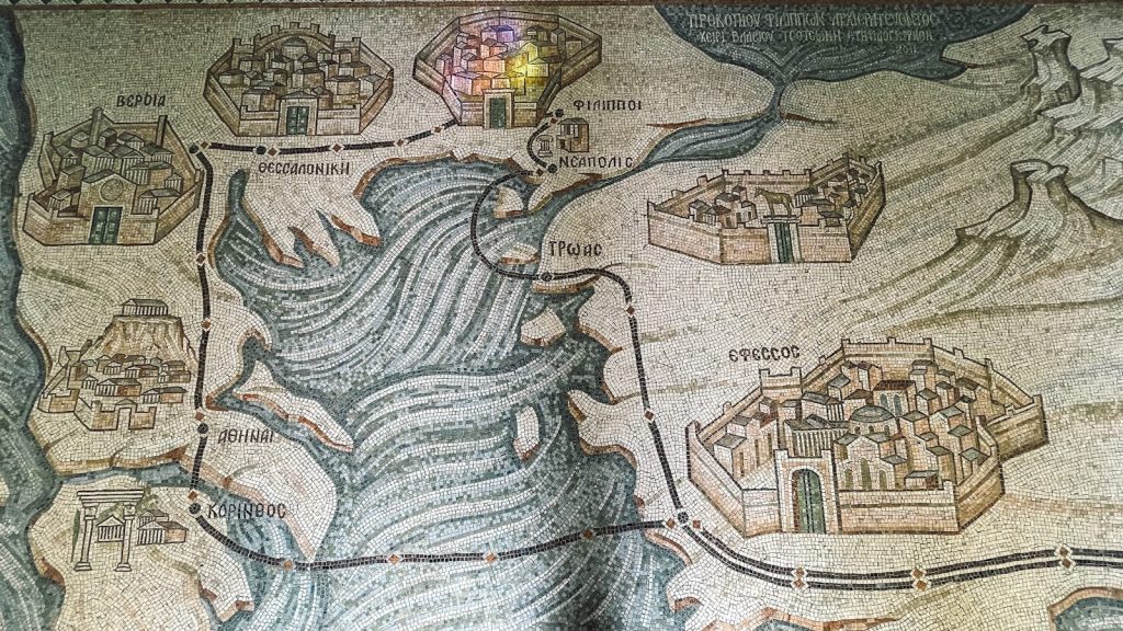 Ancient mosaic map showing cities and waterways