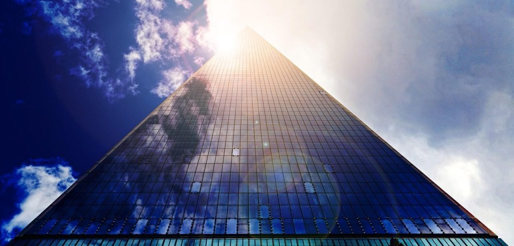 skyscraper, glass facade, facade, office building, architecture, heaven, sun, shine, clouds, nature, high, mood, new york, glass, glass palace, window, modern
