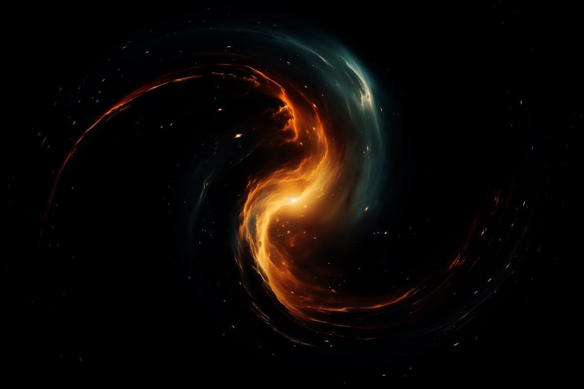 A mesmerizing abstract swirl depicting a cosmic scene with fiery nebula highlights, hinting at the vastness of the universe.