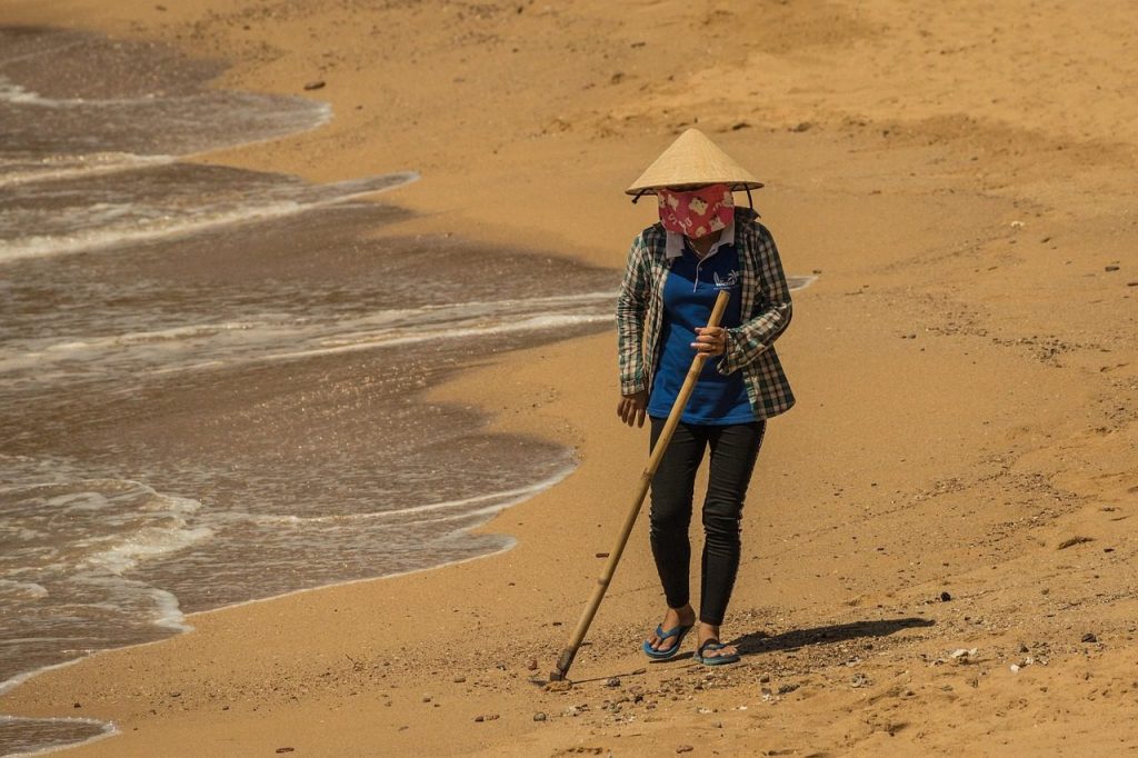 woman, nature, waterfront, cleaning, people, beach, shore, sand, wavrs, brown clean