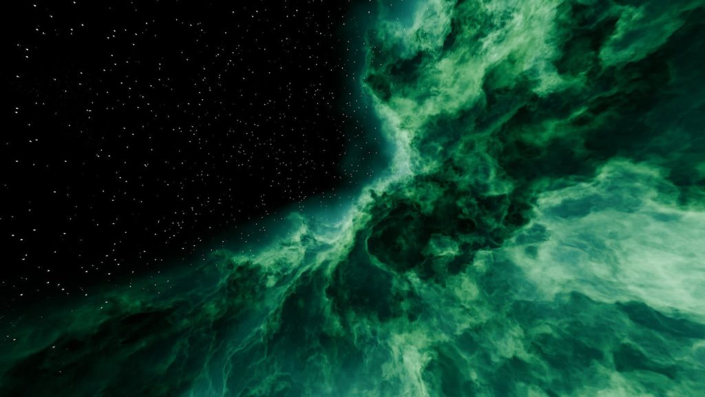 Vibrant green nebula with starry background, showcasing cosmic beauty.