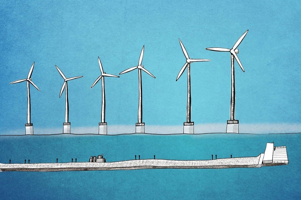 wind turbine, sea, ocean, nature, blue, drawing, blue drawing