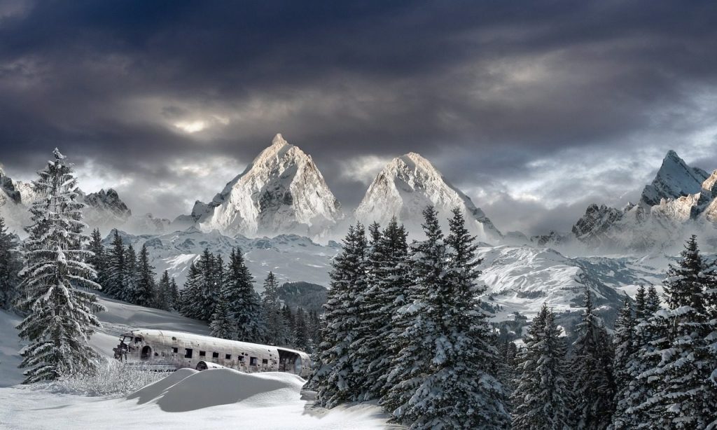 mountains, snow, nature, winter, trees, plane, cliff, forest, snow storm, glaicer, frozen water, rocks, dark clouds, landscape, lost, travel