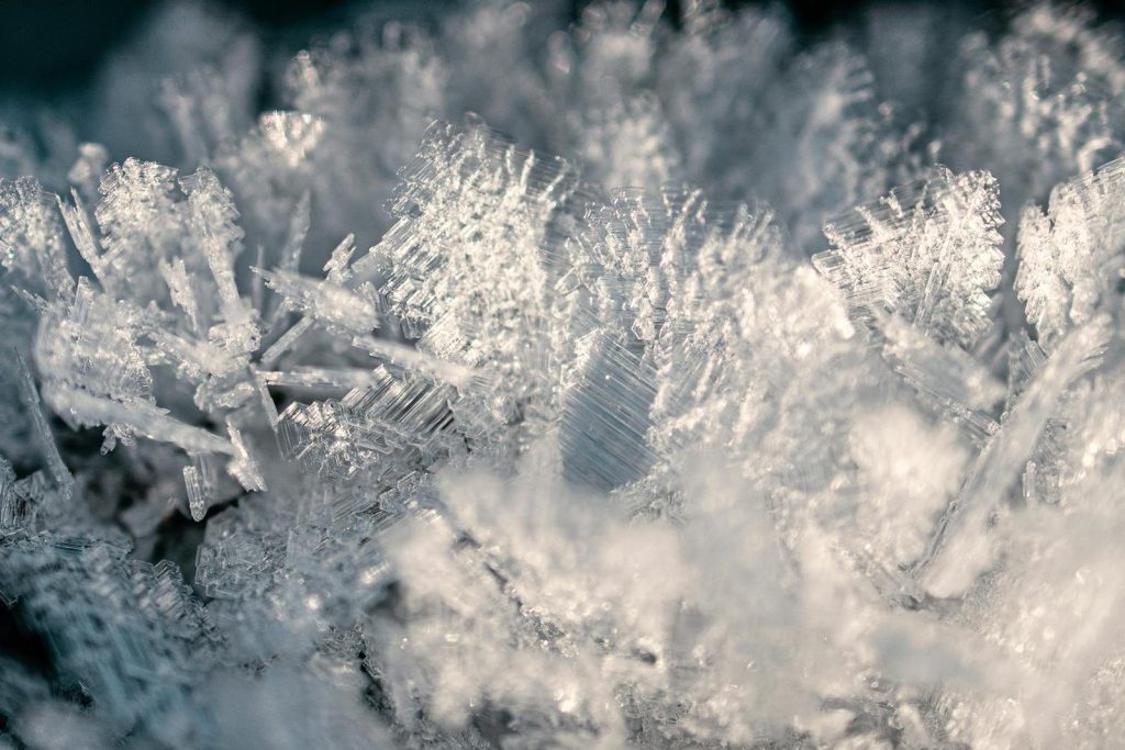 Close-up view of detailed frost crystals on a leaf, capturing the beauty of winter's icy patterns.