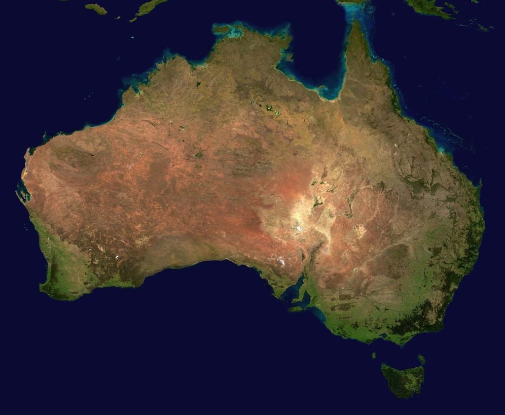 australia, continent, geography, map, nature, ocean, pacific ocean, satellite image