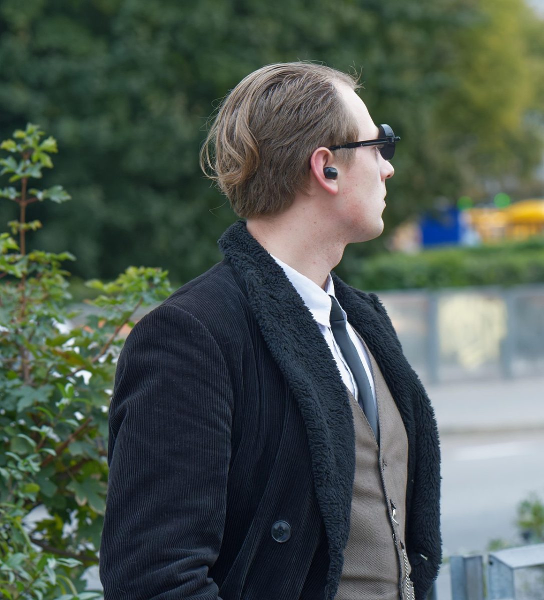 man, earbud, fashion, portrait, waiting, looking, outdoors