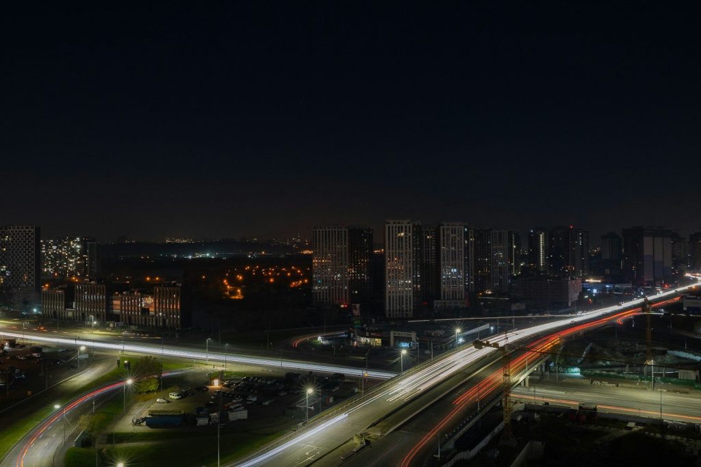 a city skyline at night