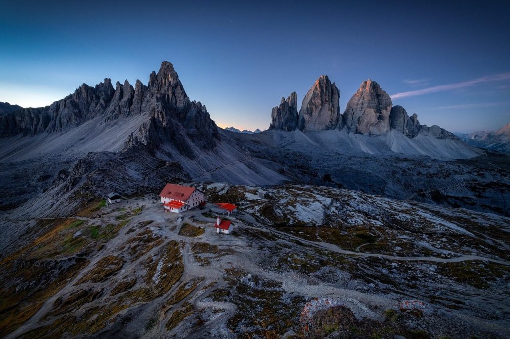 mountains, peak, aerial view, dolomites, italy, shelter, house, nature, landscape