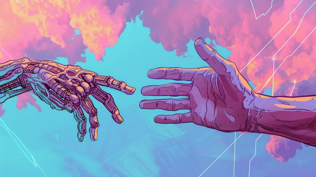 synthetic, organic, handshake, future, human, robot, connection, cybernetic, flesh, duality, existence, embrace, technology, nature, humanity, futuristic, unity, man, machine, art, conceptual, pink, clouds, design, drawing, concept, ai generated