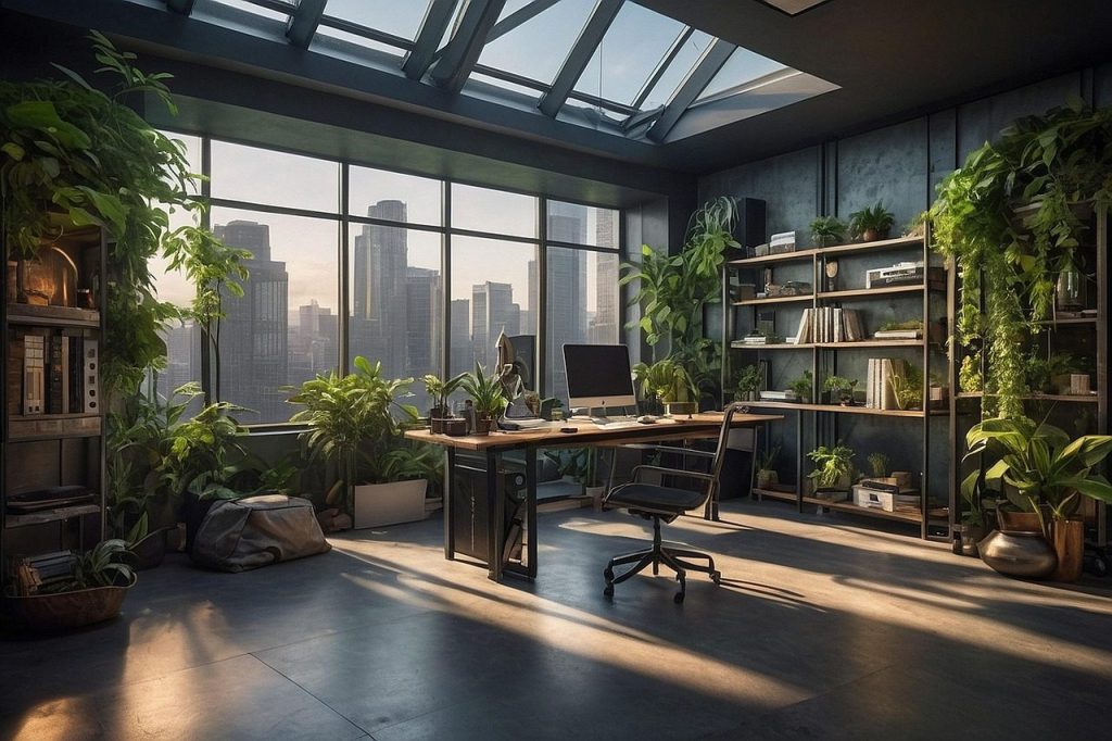 ai generated, office, desk, computer, workplace, nature, indoor plants, plants