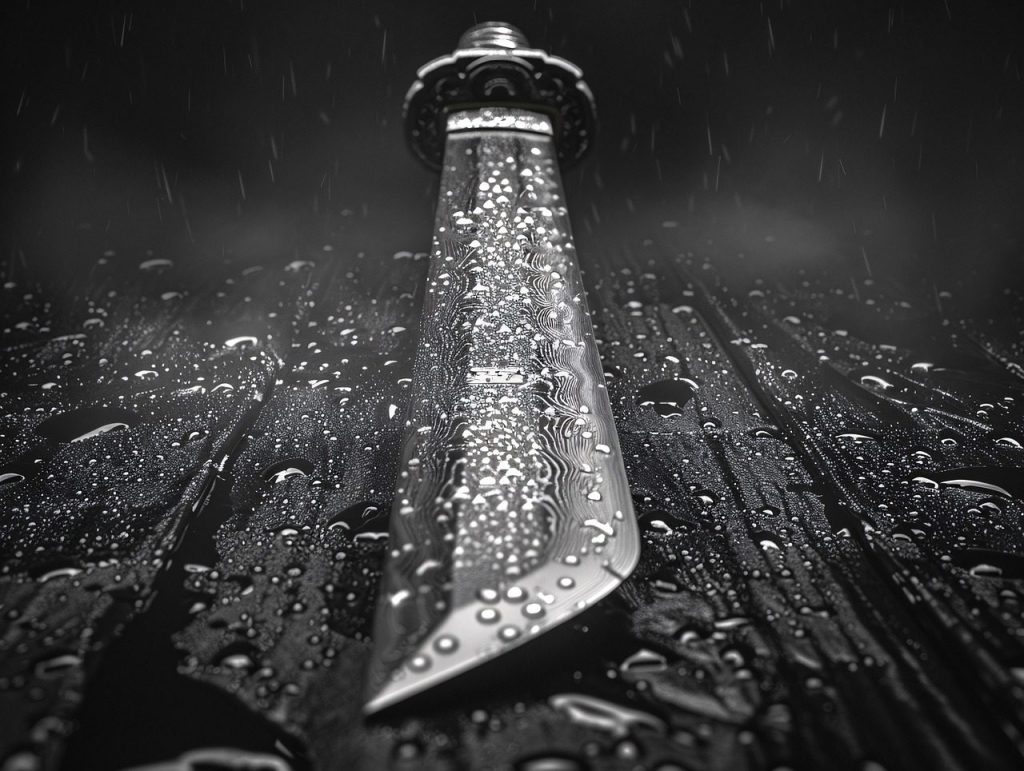 katana, samurai, sword, japanese, blade, raindrops, steel, craftsmanship, damascus, edge, weapon, close-up, detail, precision, art, nature, tradition, water, wet, metallic, handle, warrior, ancient, culture, design, rain, ai generated