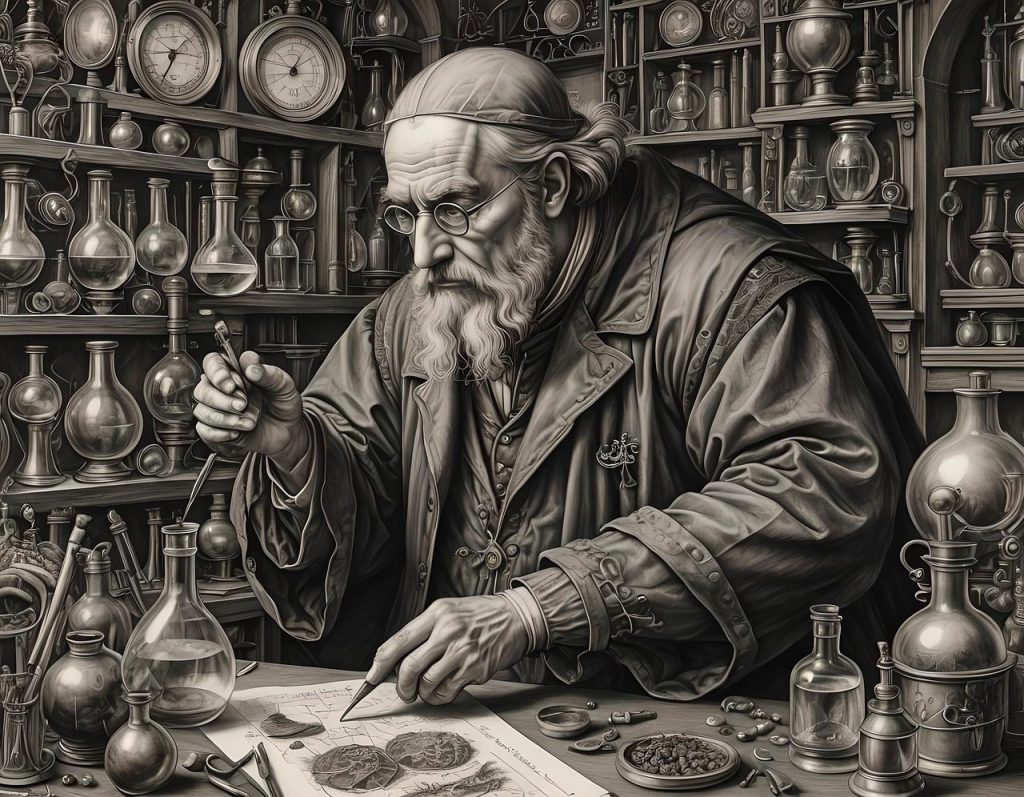 scientist, laboratory, man, medieval, room, bottle, clock, ai generated, scientist, scientist, scientist, scientist, scientist