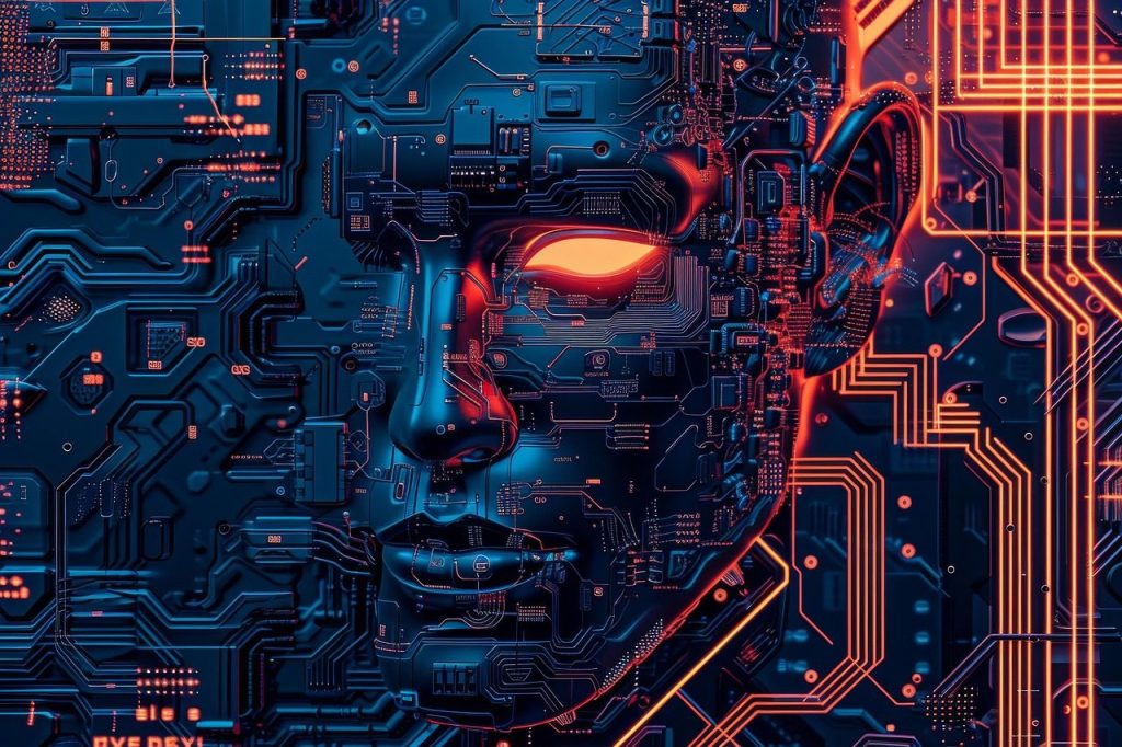 technology, computer, futuristic, data, science, circuit board, abstract, electricity, robot, human face, mother board, internet, computer chip, cyborg, computer part, backgrounds, portrait, communication, one person, image, pattern, computer graphic, circuit, industry, ai generated