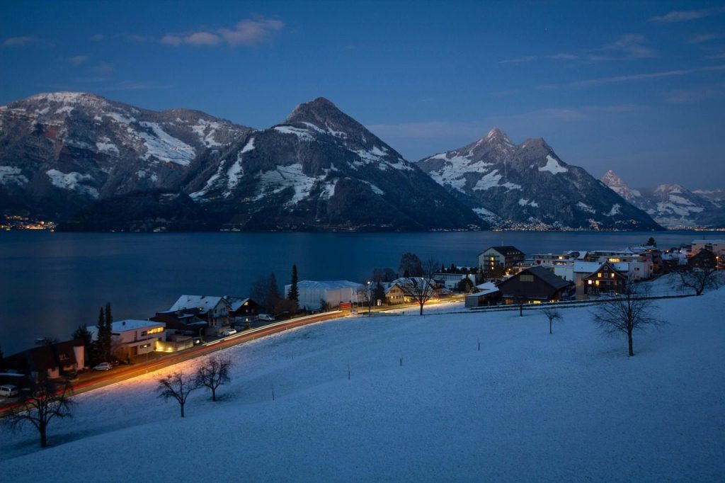 winter, lake, mountains, lake lucerne region, nature, panorama, outlook, beckenried