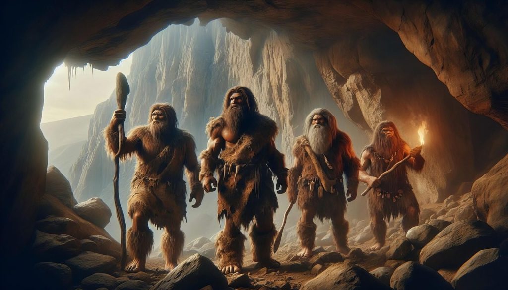 ai generated, cave men, prehistoric, ancient times, primitive, cave, fire
