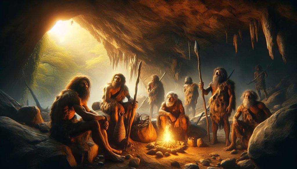 ai generated, cave men, prehistoric, ancient times, primitive, cave, fire