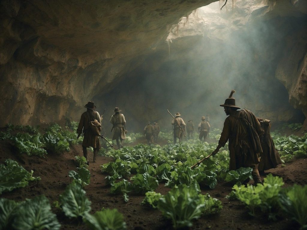 ai generated, cavern, farm, lettuce, agriculture, cave, nature, landscape, geology, underground, stone, rocks, people