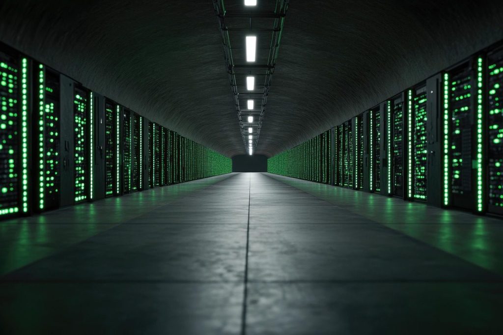 ai generated, data center, server, data, network storage, server room, network, technology, green, high-tech servers, computer, futuristic, storage, high-tech, lights