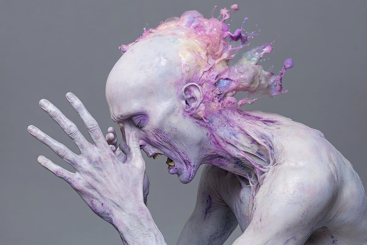 sculpture, surreal, human, art, creativity, purple, texture, figure, artistic, imagination, body, design, pattern, pale, contrast, visual, expression, modern, unique, mysterious, strange, ai generated