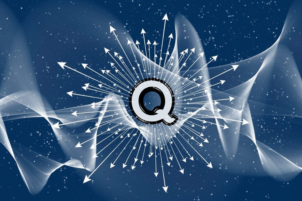 quantum physics, quantum computing, superposition, entanglement, quantum gate, alorithm, wave-particle duality, input, output, interference, decoherence, measurement, quantum state, wave, arrows, particle