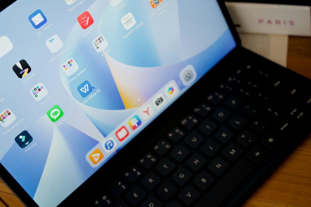 Tablet with keyboard and colorful app icons
