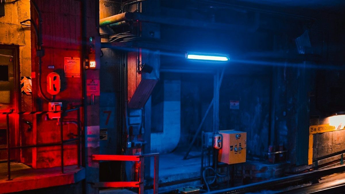 a train track in a train station with red and blue lights