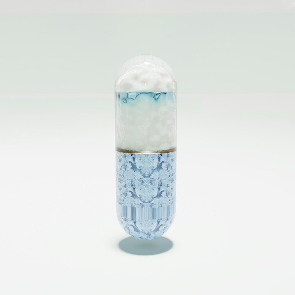 a blue and white pill bottle sitting on top of a table