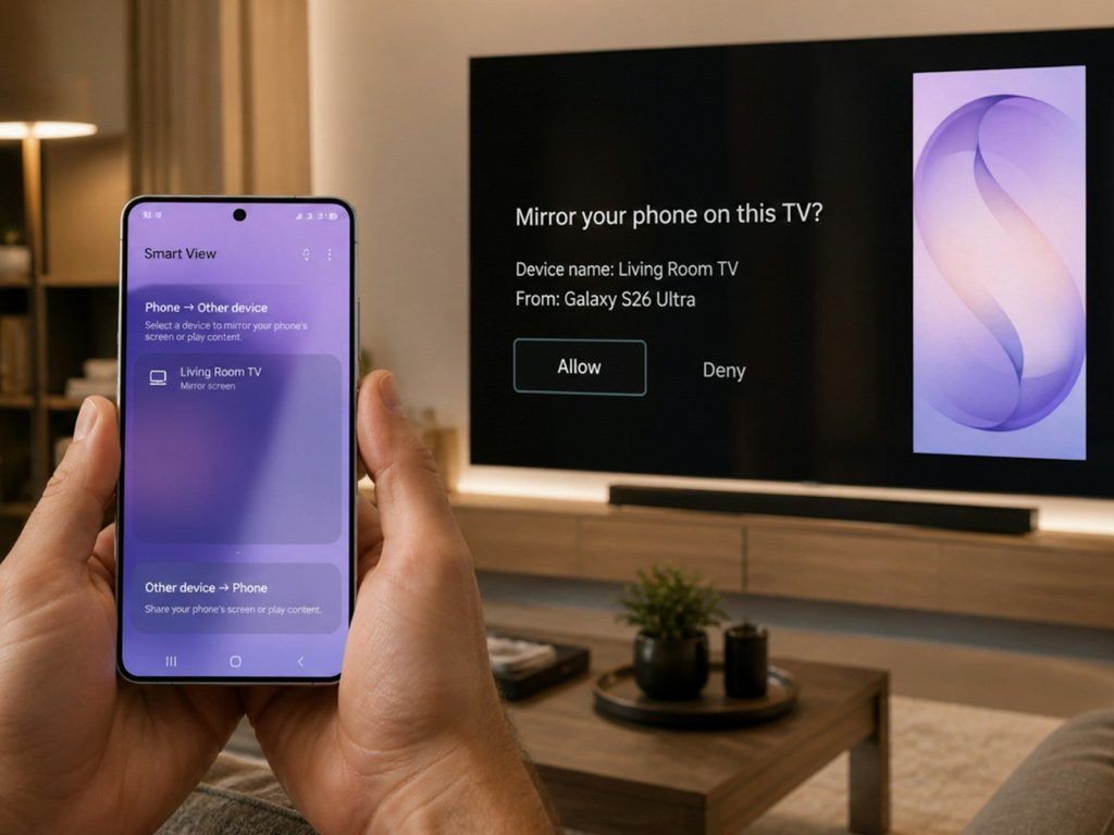 Person mirroring phone screen to a smart tv.