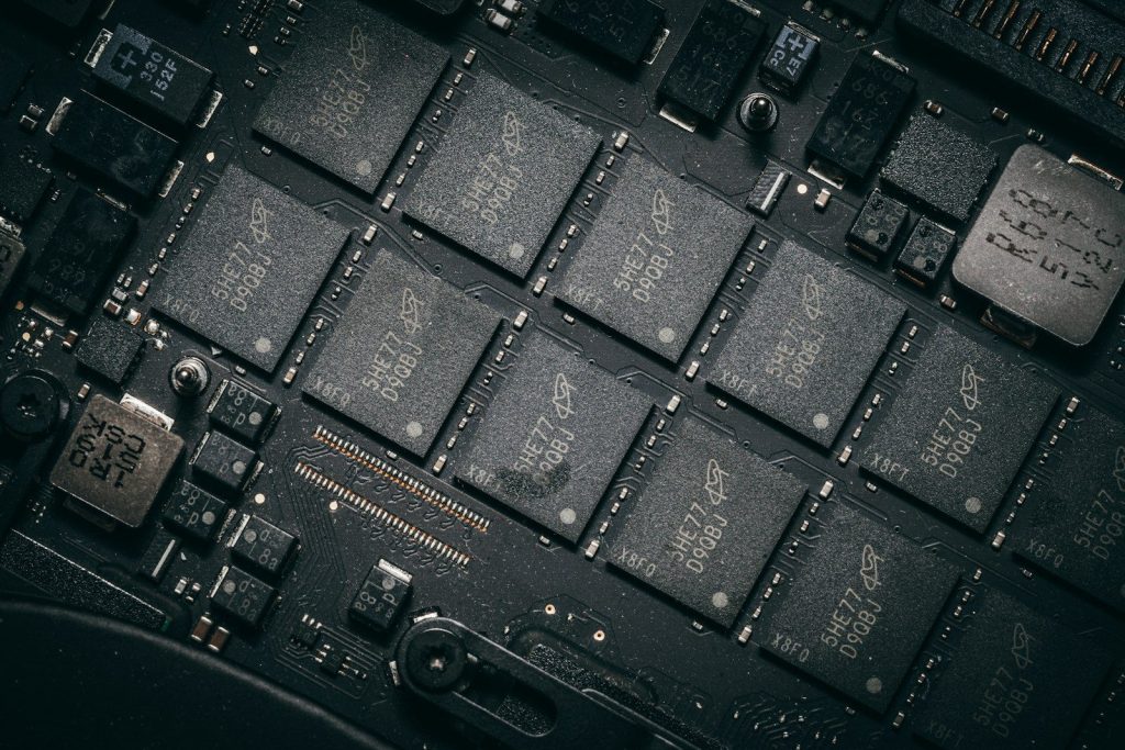 Close-up of computer circuit board with many chips