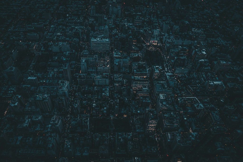 an aerial view of a city at night
