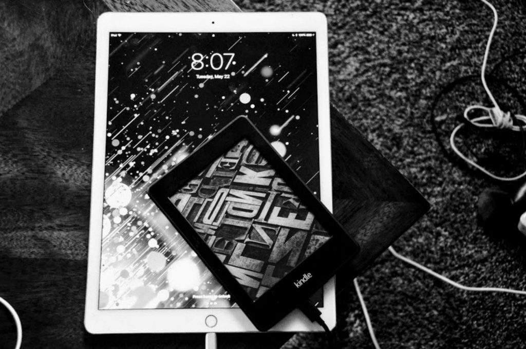 grayscale photography of iPad turned-on