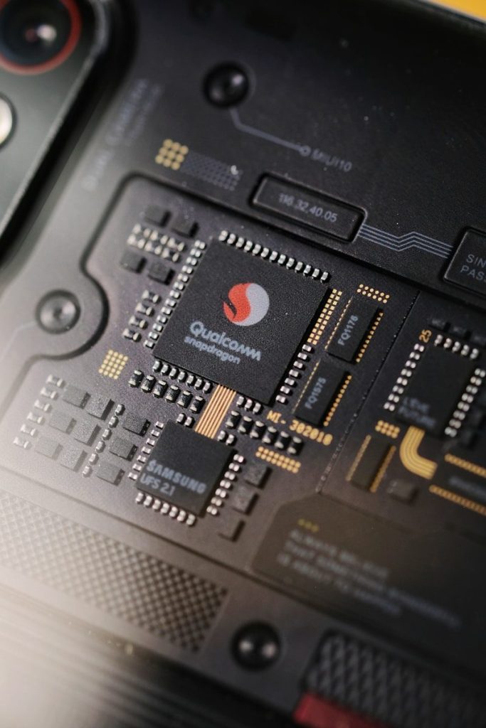 Close-up of a smartphone's internal qualcomm snapdragon processor.