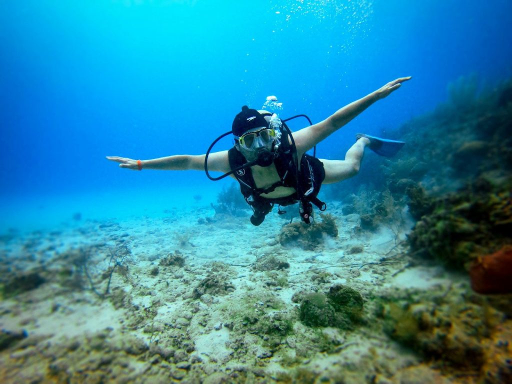 A diver swims through clear blue ocean water.