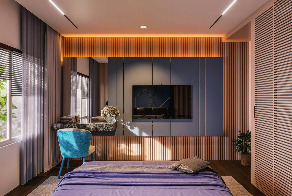 A stylish bedroom with modern design and comfort.
