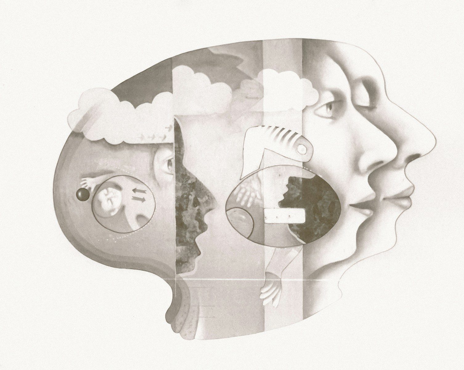 Surreal profile of faces and abstract elements.