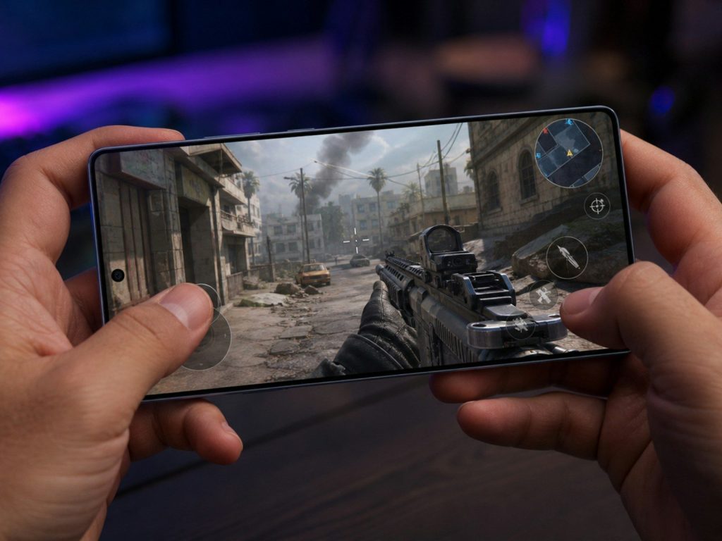 Hands holding smartphone playing a first-person shooter game.
