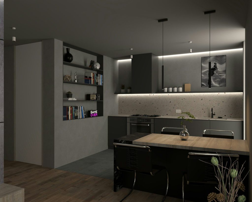 a kitchen with a wooden counter top next to a stove top oven