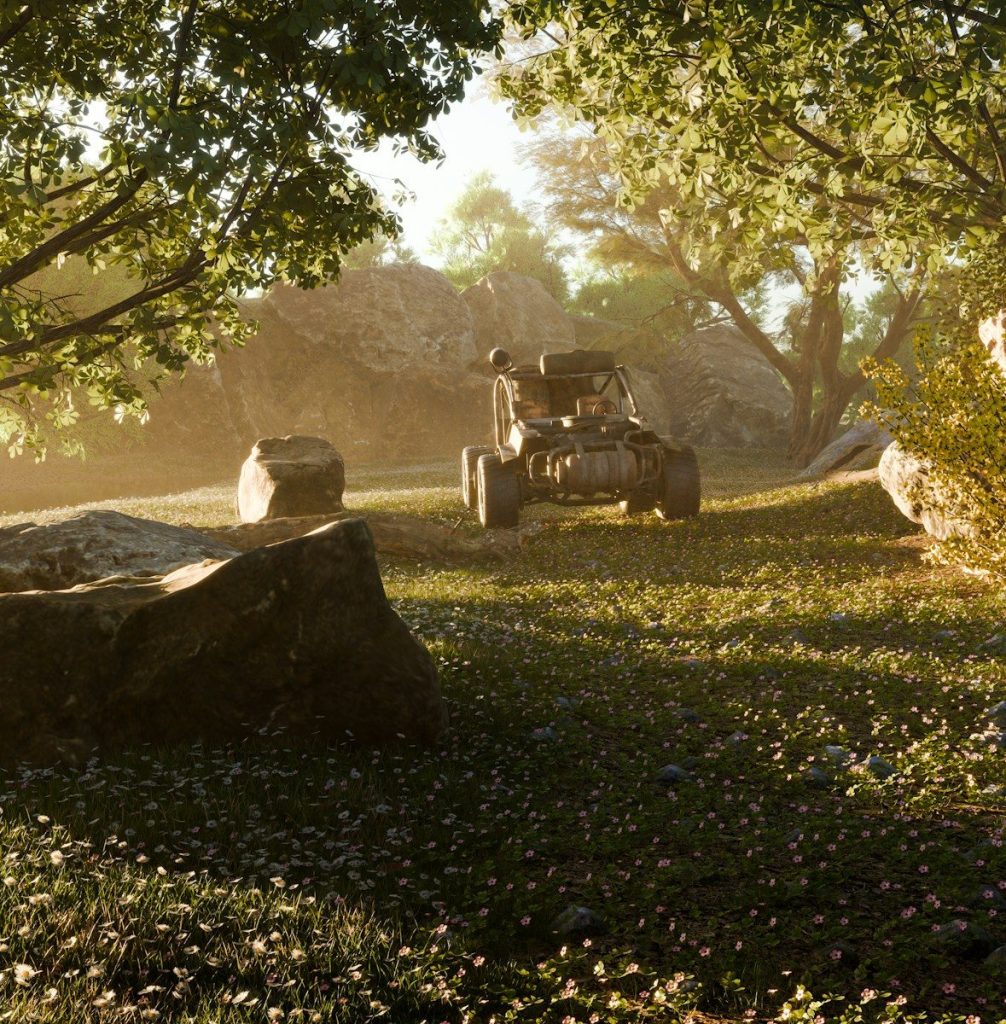 A jeep driving through the woods on a sunny day