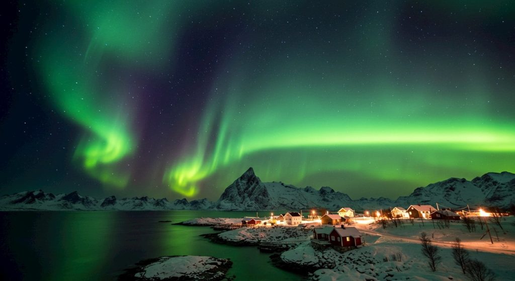 A green and purple aurora bore over a lake