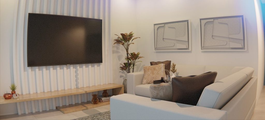 Modern living room with sofa, tv, and artwork.