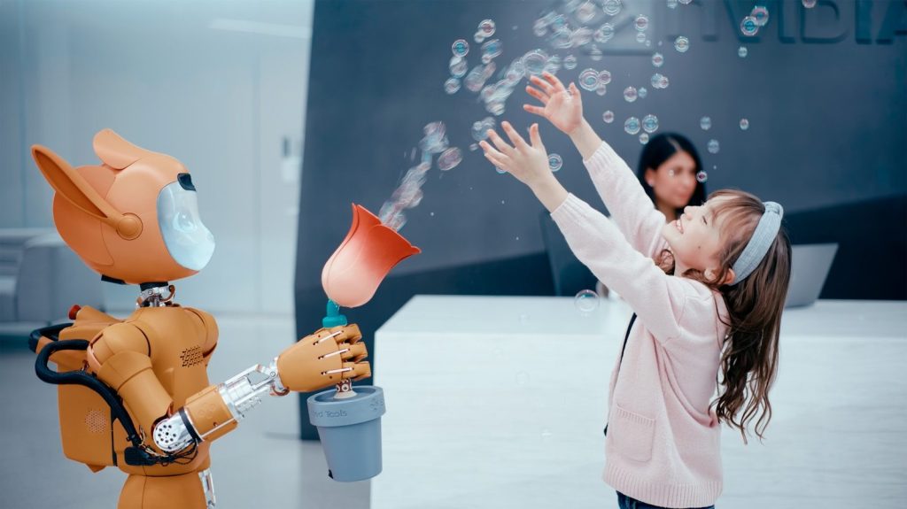 Robot blowing bubbles for a happy child