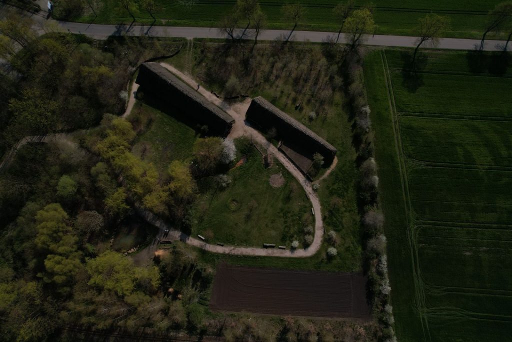 Drone image of Biskupin, a reconstructed Bronze Age settlement in Poland.