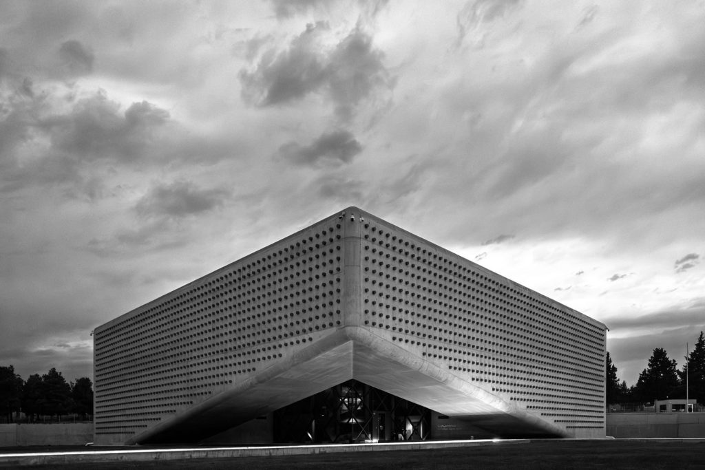 Black and white photo of a modern architectural structure in Tbilisi, Georgia.