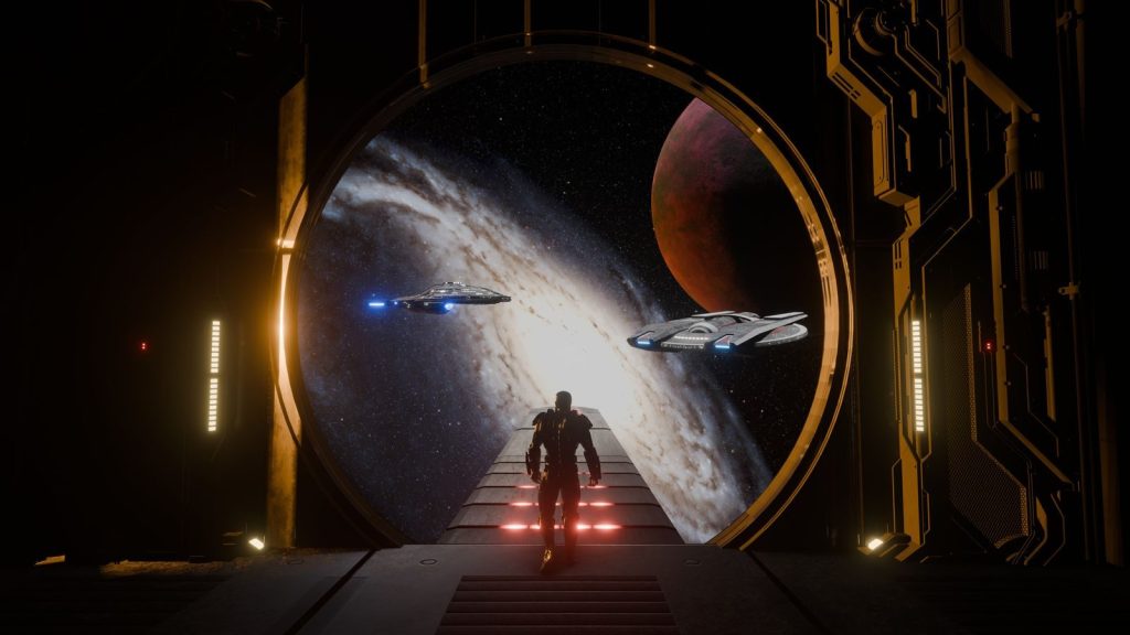 A lone figure watches starships approach a distant planet through a massive spaceport gateway.