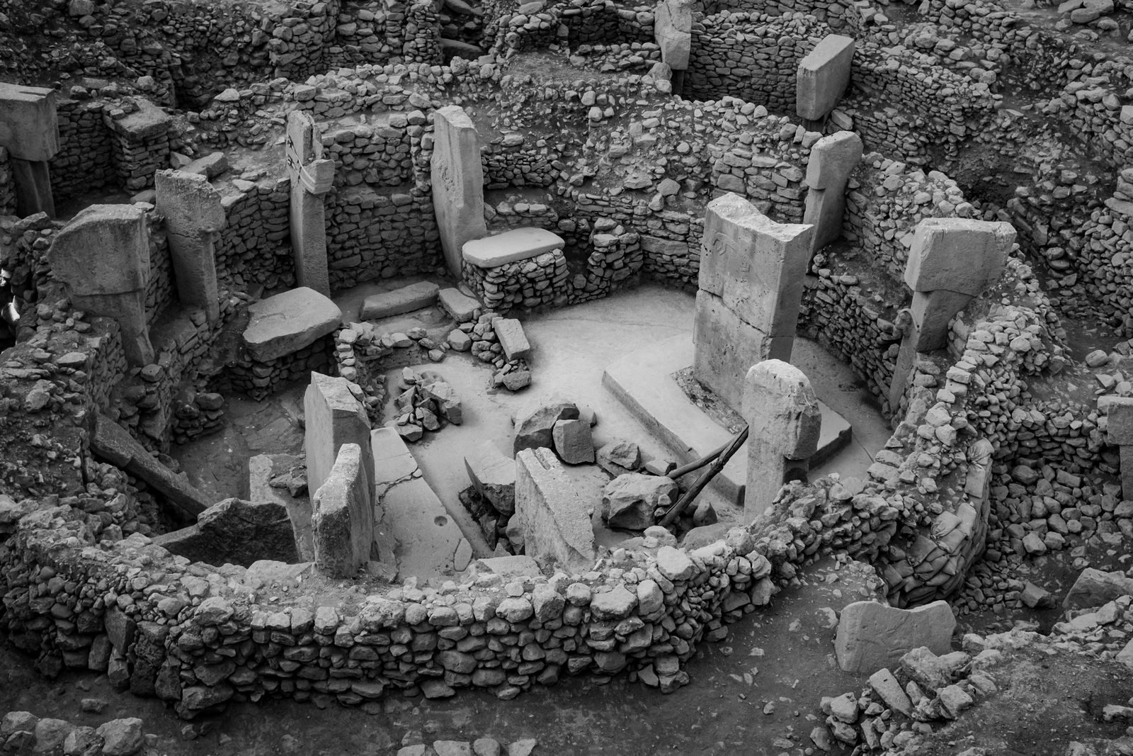 Aerial view of Gobekli Tepe's ancient stone circle with monolithic pillars.
