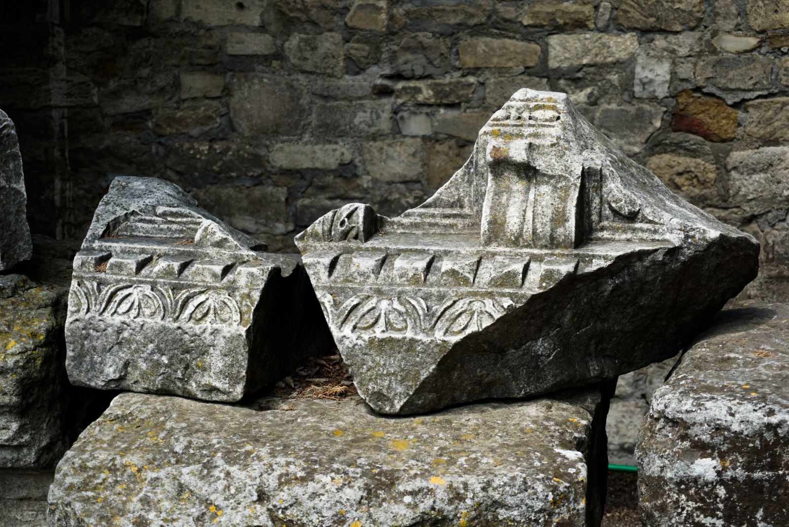 Detailed view of ancient stone carvings showcasing intricate patterns in historic ruins.
