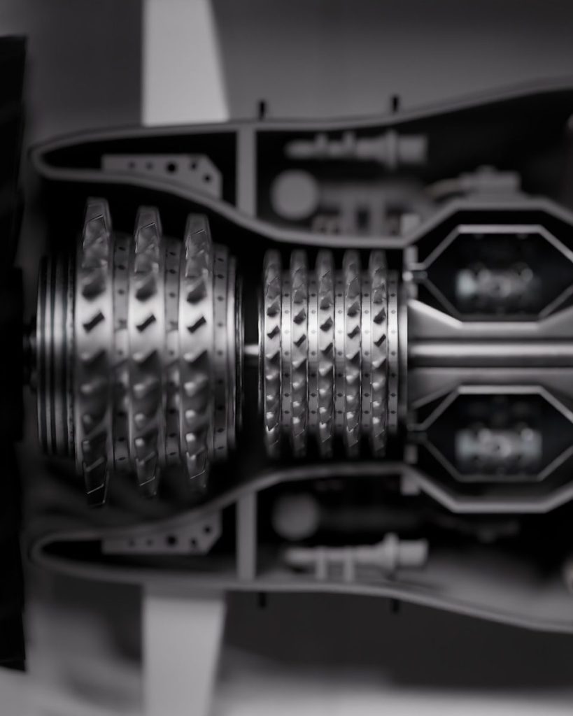Internal view of a jet engine's turbine and compressor.
