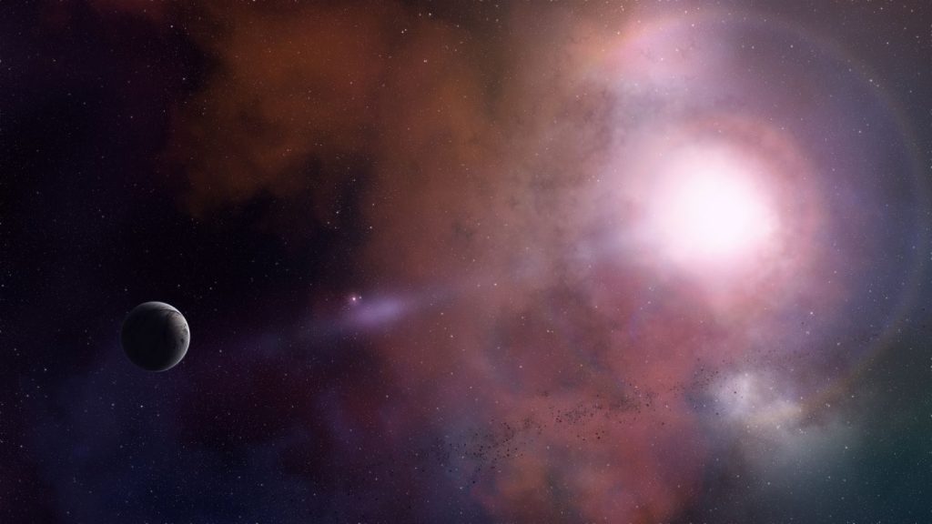 A mesmerizing view of the cosmos featuring a glowing nebula and distant planet.