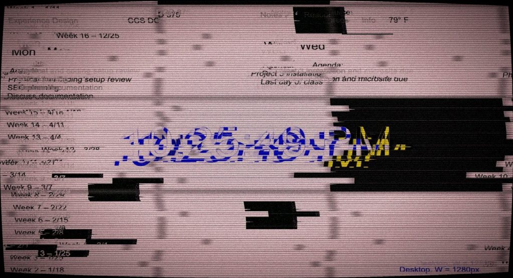 Glitching document with blue and yellow text.